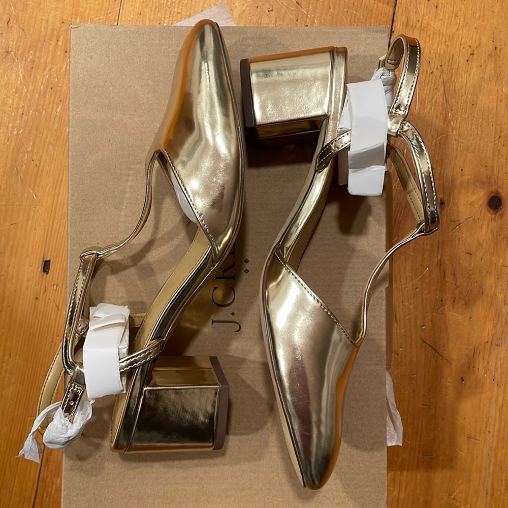 Shoe J Crew Ankle T- Strap Heel Gold NIB NEW size 8 1/2 - Picture 13 of 17